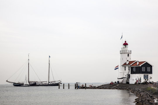 Lighthouse and sailing boats, Marken, Netherlands