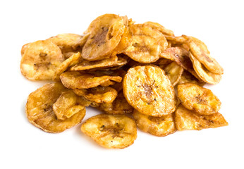 Banana crisp on white background.Food processing