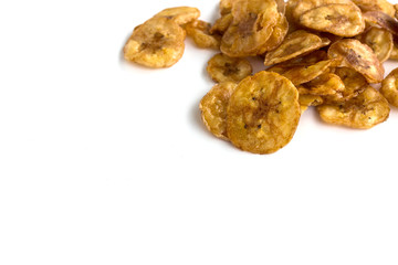 Banana crisp on white background.Food processing