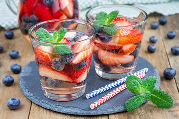 Refreshing cocktail with strawberry and blueberry