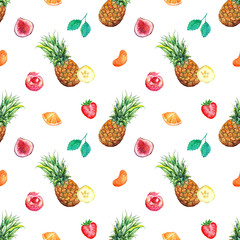 Watercolor tropical fruit berry seamless pattern background