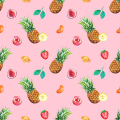 Watercolor tropical fruit berry seamless pattern background