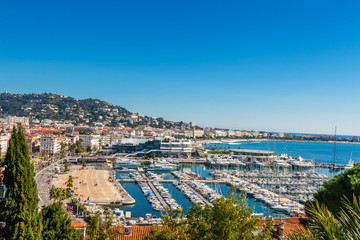 Panoramic view, Promenade de la Croisette, the Croisette and Port Le Vieux of Cannes, France Cote d'Azur - obrazy, fototapety, plakaty