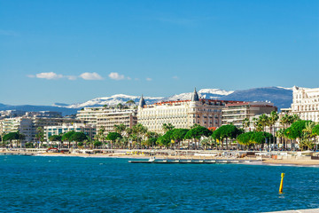 Panoramic view, Promenade de la Croisette, the Croisette and Port Le Vieux of Cannes, France Cote d'Azur - obrazy, fototapety, plakaty