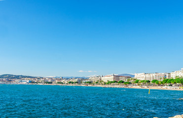 Naklejka na ściany i meble Panoramic view, Promenade de la Croisette, the Croisette and Port Le Vieux of Cannes, France Cote d'Azur