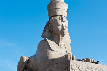 Ancient Egyptian sphinx against the blue sky, St. Petersburg, Russia