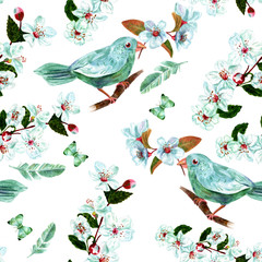 Plakaty  Bezszwowe tło wzór z akwarela ptak, kwiaty, pióra i motyle