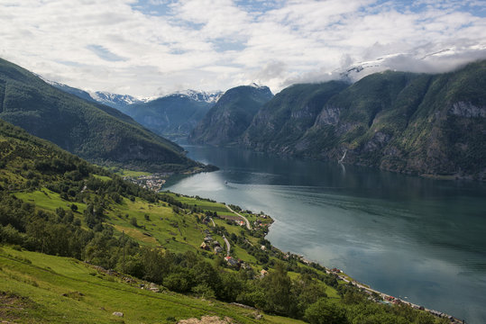 Classic panoramic view to the fjord from viewpoint on National Tourist Route Aurlandsfjellet, Norway © dash1502
