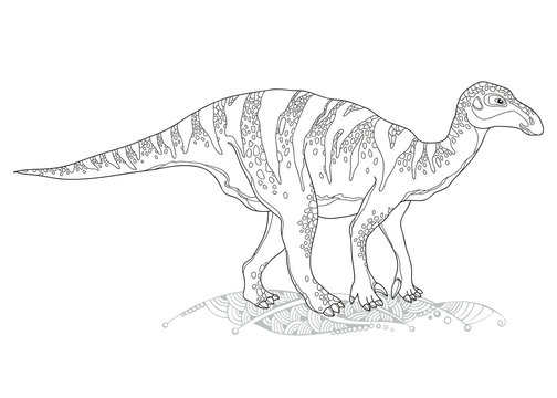 Vector illustration of Iguanodon from genus of ornithopod dinosaur isolated on white background. Series of prehistoric dinosaurs. Fossil animals and reptiles in contour style.