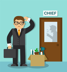 sad businessman with a box of things is at the door of the chief. Behind the door is visible silhouette of the boss, he shouts and gesticulates