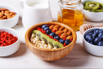 Healthy breakfast - bowl of oat flakes with fresh fruit, almond.
