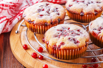 Cranberry muffins on a wooden background.