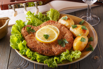 Wiener schnitzel with potatoes and salad.