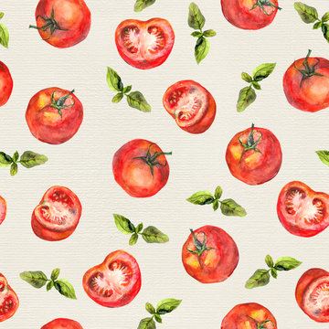 Seamless background with tomato and green basil on paper texture 