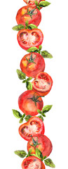 Isolated vertical seamless repeated frame stripe with tomato and basil 