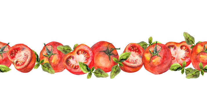 Horizontal seamless stripe border with tomato vegetables and green basil 