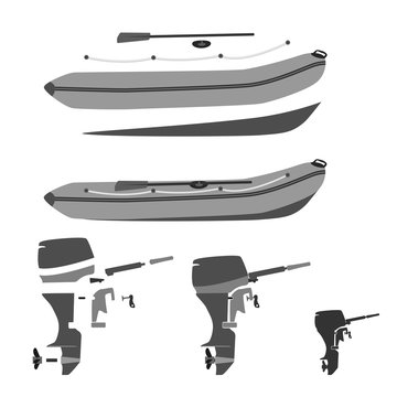 rubber boat and motor disassembled and whole. totally vector illustration