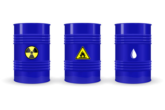 Metal barrels. Blue labeled containers