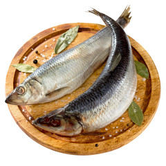 salted herring with pepper and bay leaf on wooden board