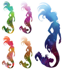 Colorful set of mermaids: coral reef in silhouette, seabed, ... Hand drawn vector illustration.