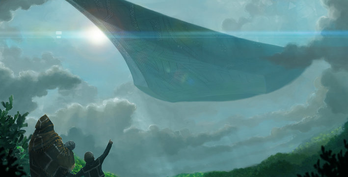 spaceship ascending from the sky