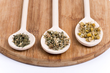 Chamomile basil nettle Tea on a wooden spoon