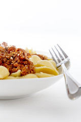 bowl of fresh pasta noodle and bolognese meat and tomato sauce i