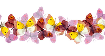 Seamless repeated border stripe with bright multicolored butterfly 