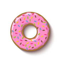 Ring shaped donut covered with strawberry flavoured pink icing and placed on white background