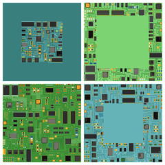 Computer chip electronic circuit board with processor flat vector illustration set. 