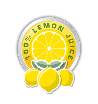 100% lemon juice badge with three lemons placed on white background