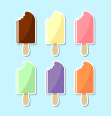 Retro and vintage flat icons of various flavors of bitten off popsicles