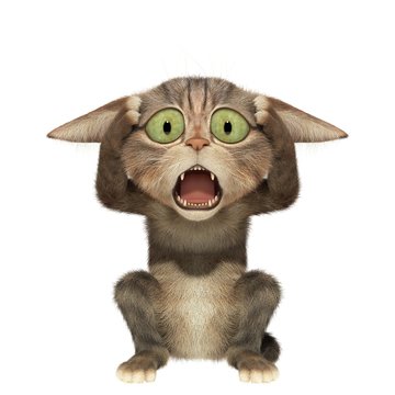 Scared kitten holding his head. 3d illustration. Isolated white background.