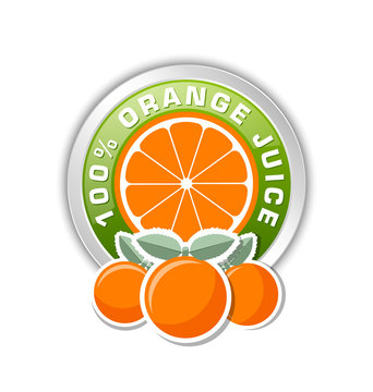 100% orange juice badge with three oranges placed on white background
