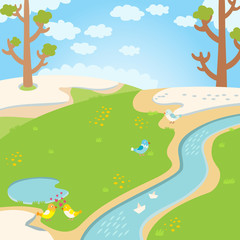 Fototapeta na wymiar Natural green grass spring background with river, trees, birds and white clouds vector. 