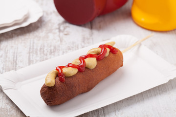 Corn dog. Sausage baked in corn dough.