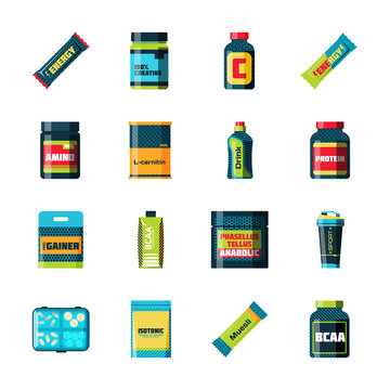 Sports food nutrition icons in flat style and long shadow. Detailed flat style