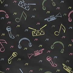 Seamless pattern black chalk board with color children's chalk drawings. Hand-drawn style.