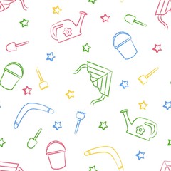 Seamless pattern children's color crayon drawings on white background. Hand-drawn style. Seamless vector wallpaper with the image of kite flying, head, boomerang, star, bucket, shovel, rake