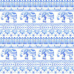 Seamless pattern with Indian motifs. Illustration of blue watercolor.  Can be used for wrapping paper and any your design.