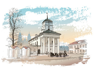 Central street of old European town, Minsk, Belarus - obrazy, fototapety, plakaty
