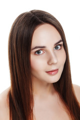 Naklejka premium Beauty portrait of pretty girl with natural makeup. Beautiful spa woman touching her face. Perfect fresh skin. Pure beauty model girl. Youth and skin care concept
