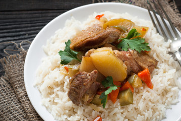 Risotto meat and vegetables.