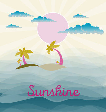 Summer beach scene: sun, clouds in the sky, palms, abstract waves of the sea