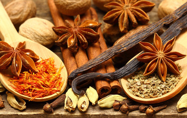 Spices for desserts on the wooden table