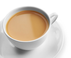 Porcelain cup of tea with milk isolated on white background