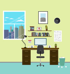 Cozy modern workplace near the window in room. Flat style. Creative office workplace