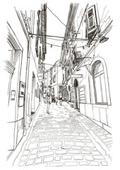 Street of old Mediterranean town Piran, Slovenia. Vector drawing
