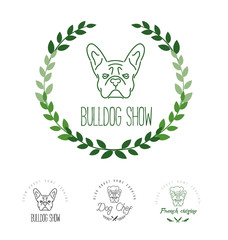 Set of logos with french bulldog and twigs. Nanoline style.