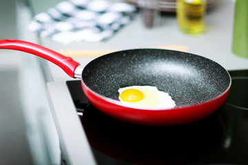 Fried egg in a frying pan, closeup